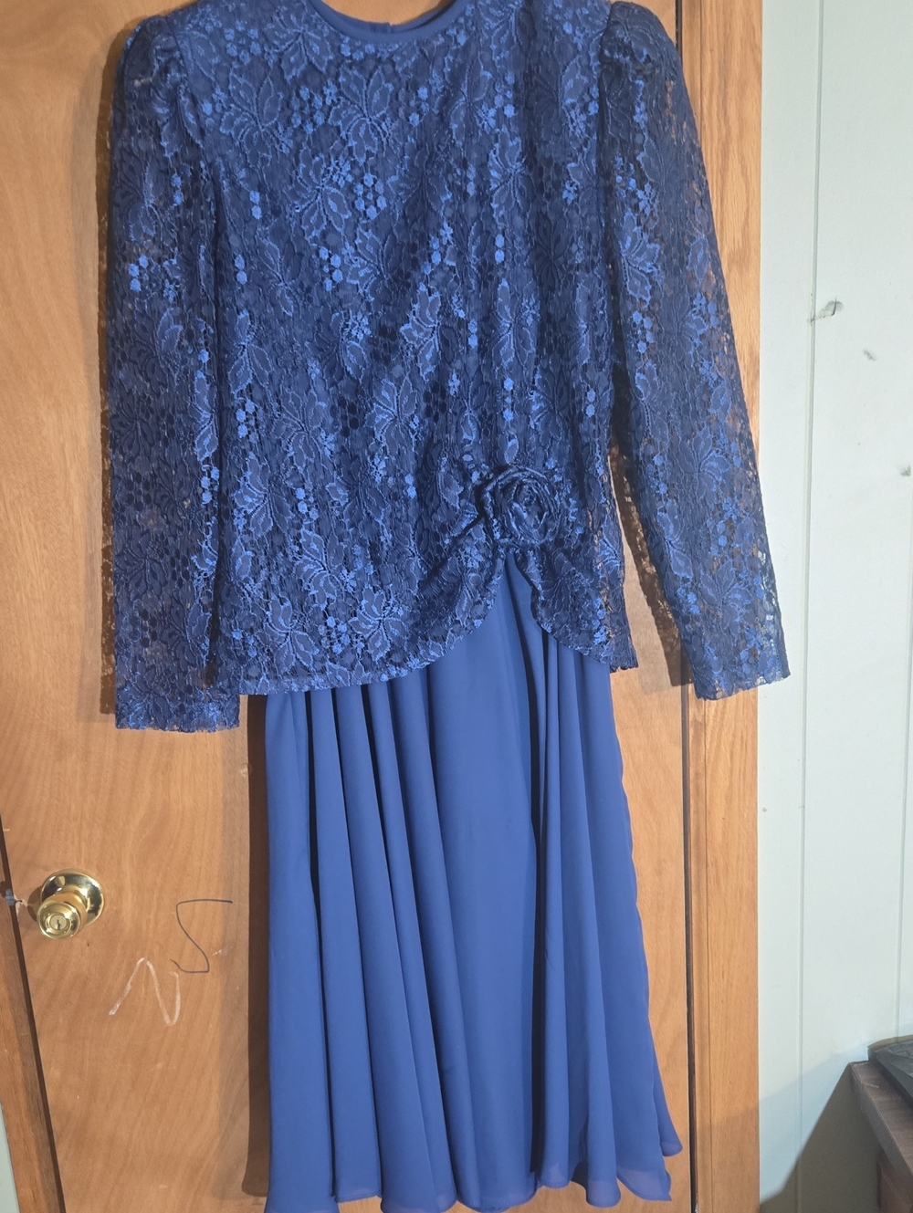 Vintage Royal Blue Lace Overlay Maxi Dress with Floral Detail